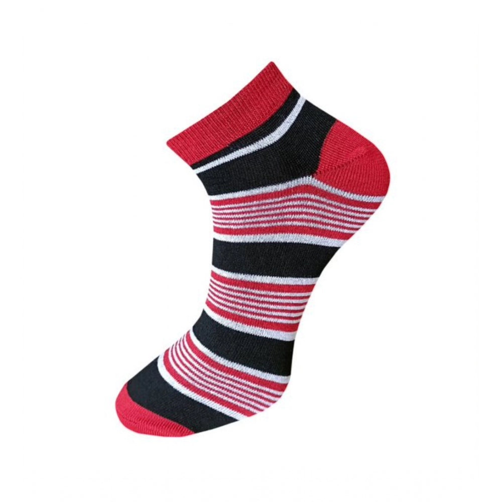 Red & black striped cotton ankle socks, casual, 3-pair set.