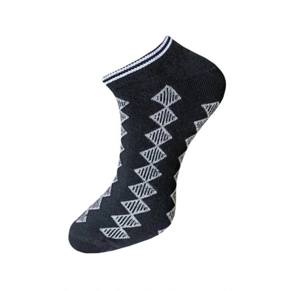 Black and white printed cotton ankle socks, 3-pair set, casual style.