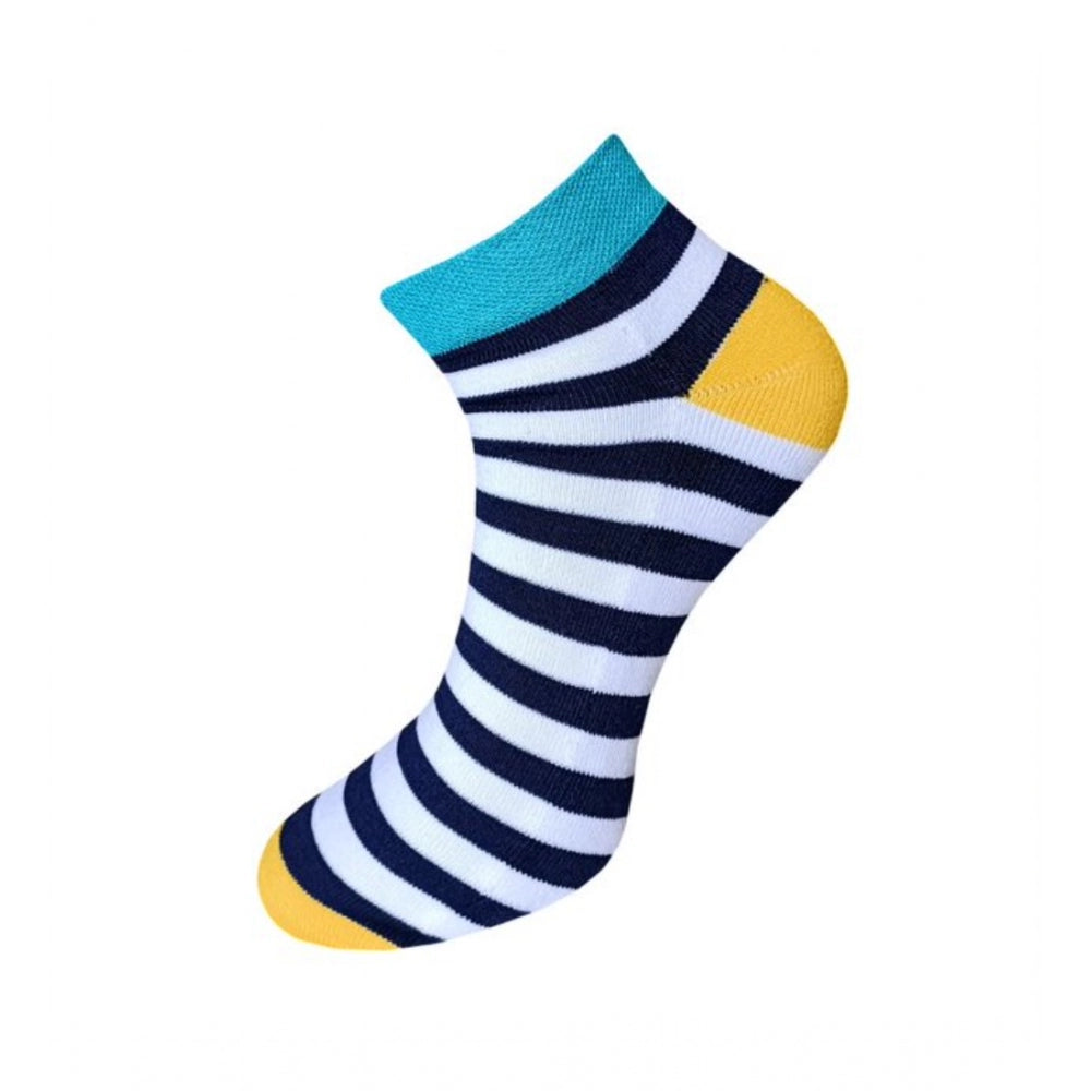 Multicolor striped cotton ankle socks, blue and white, with yellow trim.