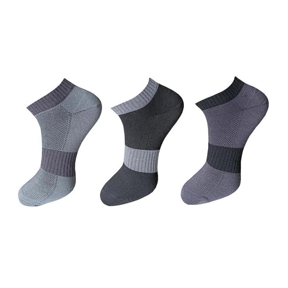 3 Unisex ankle socks, grey & black, cotton blend, ribbed design.