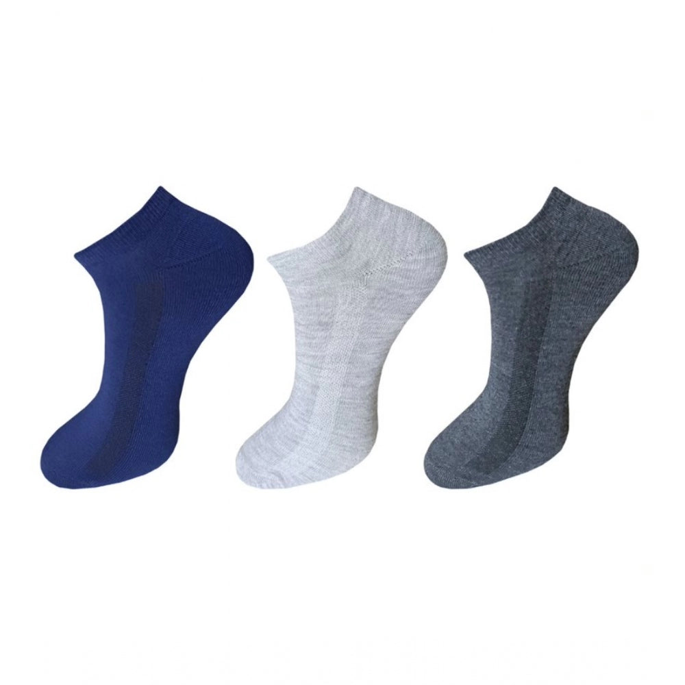 Blue & Grey Cotton Ankle Socks 3-Pair Set, Casual Comfort, Unisex Socks