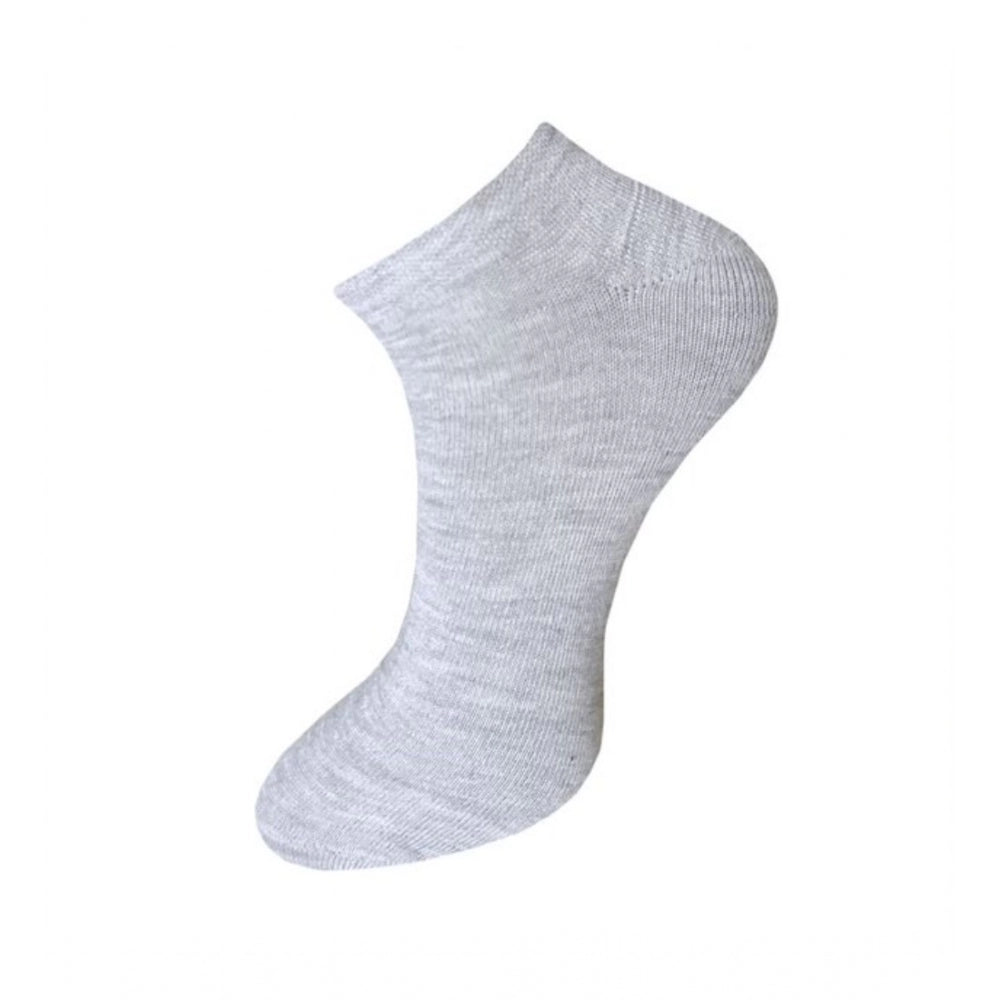 Gray solid cotton ankle socks, 3-pair unisex set, cushioned footbed.