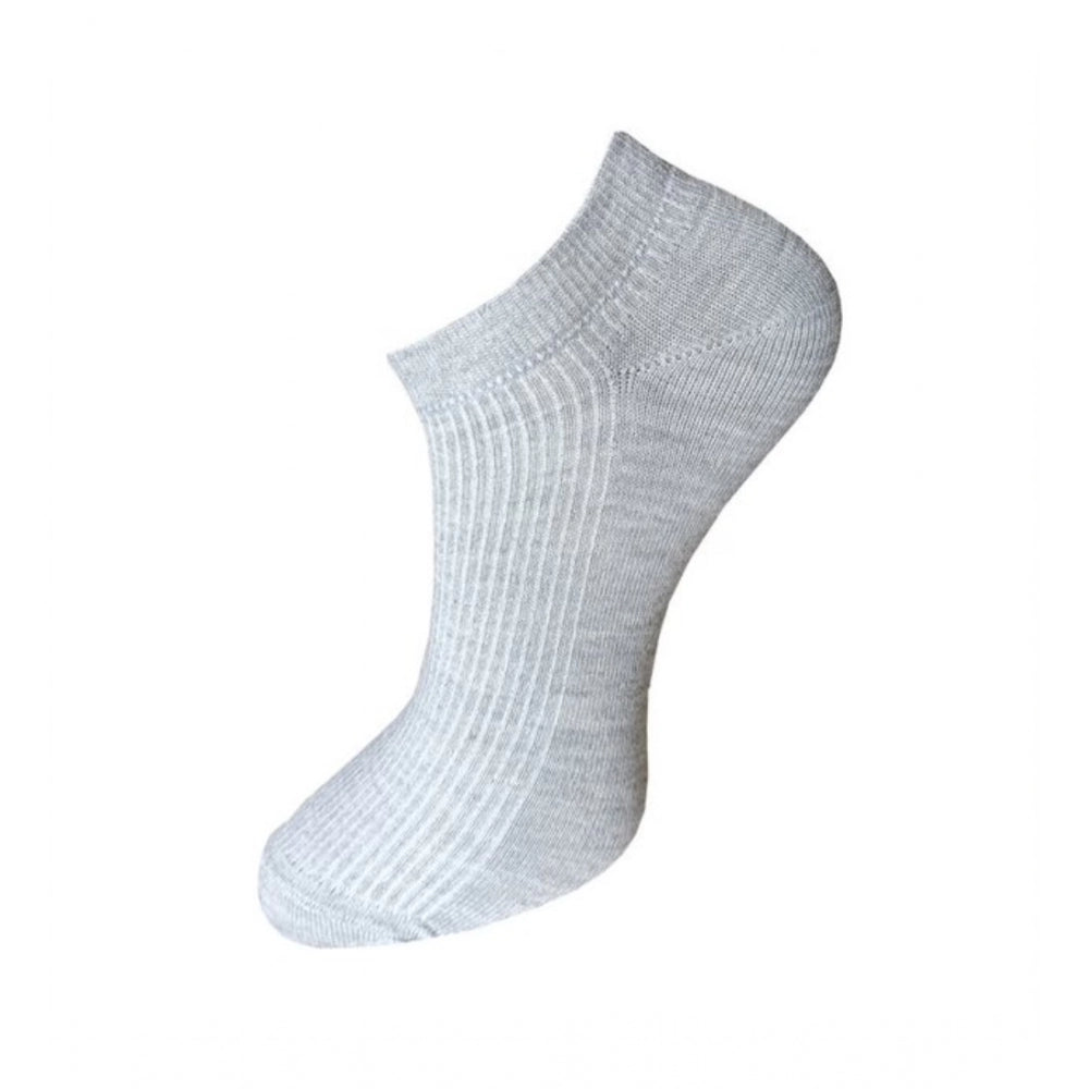 Gray ribbed ankle socks, 3-pair set, cotton, comfortable design.