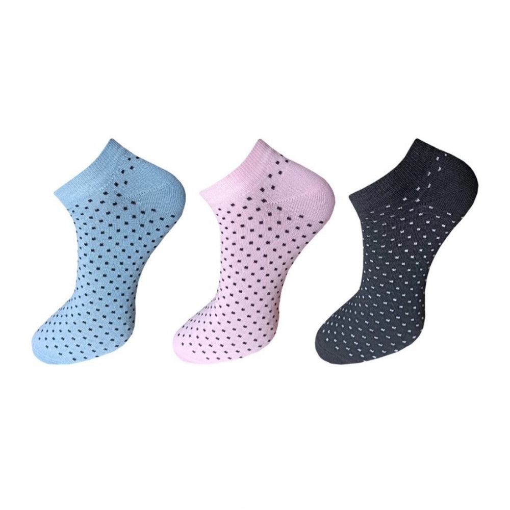 3 Pair Dotty Ankle Socks: Multicolor cotton socks with black dots.