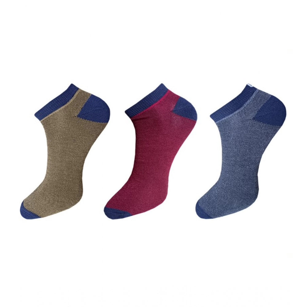 Three colorful cotton ankle socks (red, blue, and yellow) with ribbed cuffs.