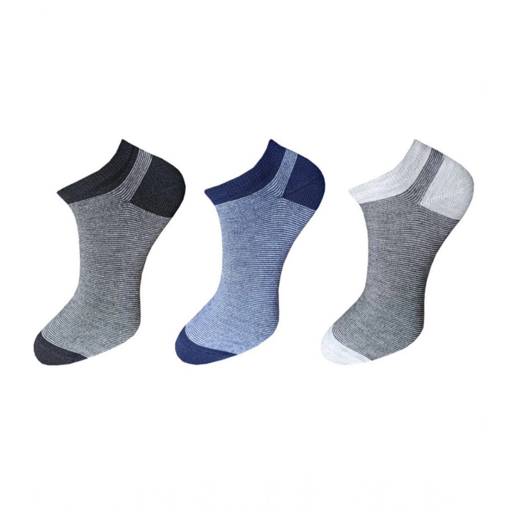 Blue & grey striped ankle socks, 3 pairs, cotton, casual, comfortable design.