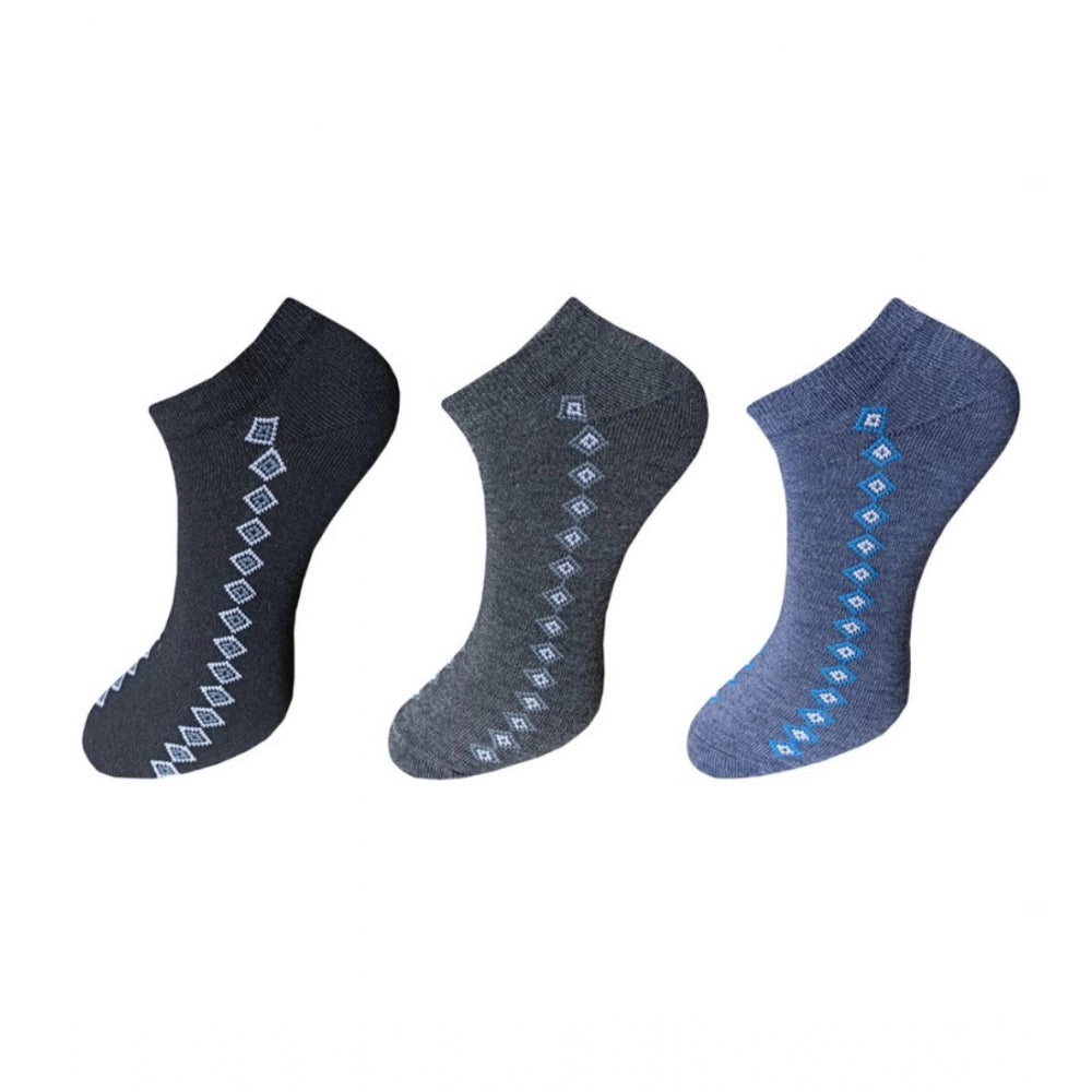 Blue cotton ankle socks, 3-pair set, printed with geometric design.