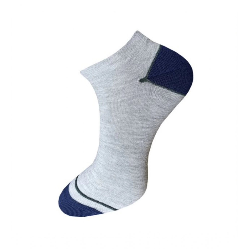 Grey cotton ankle socks with navy stripes and heel.