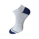 Grey cotton ankle socks with navy stripes and heel.