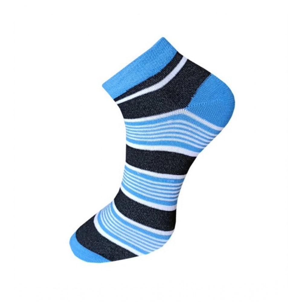 Blue & white striped cotton ankle socks, 3-pair set, casual, comfortable.