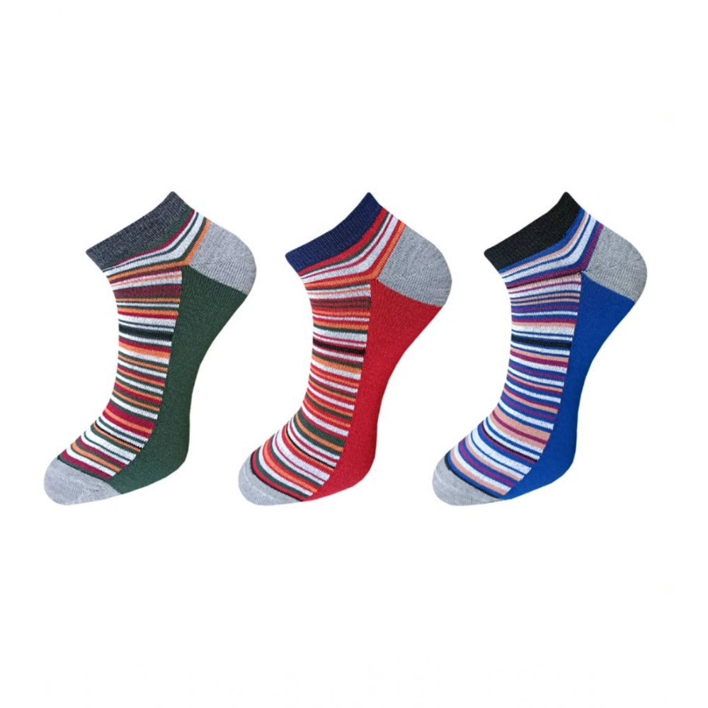 Multicolor striped cotton unisex ankle socks for casual wear, 3 pairs included