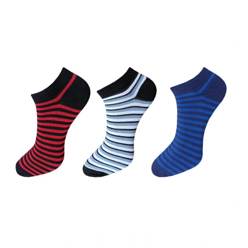 Multicolor striped cotton ankle socks, 3-pair set, casual, unisex.