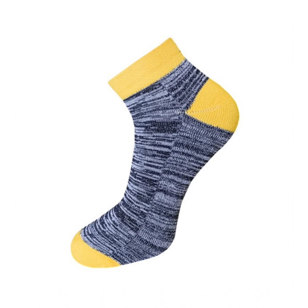 Blue ribbed ankle socks with yellow heel, cotton, unisex socks.