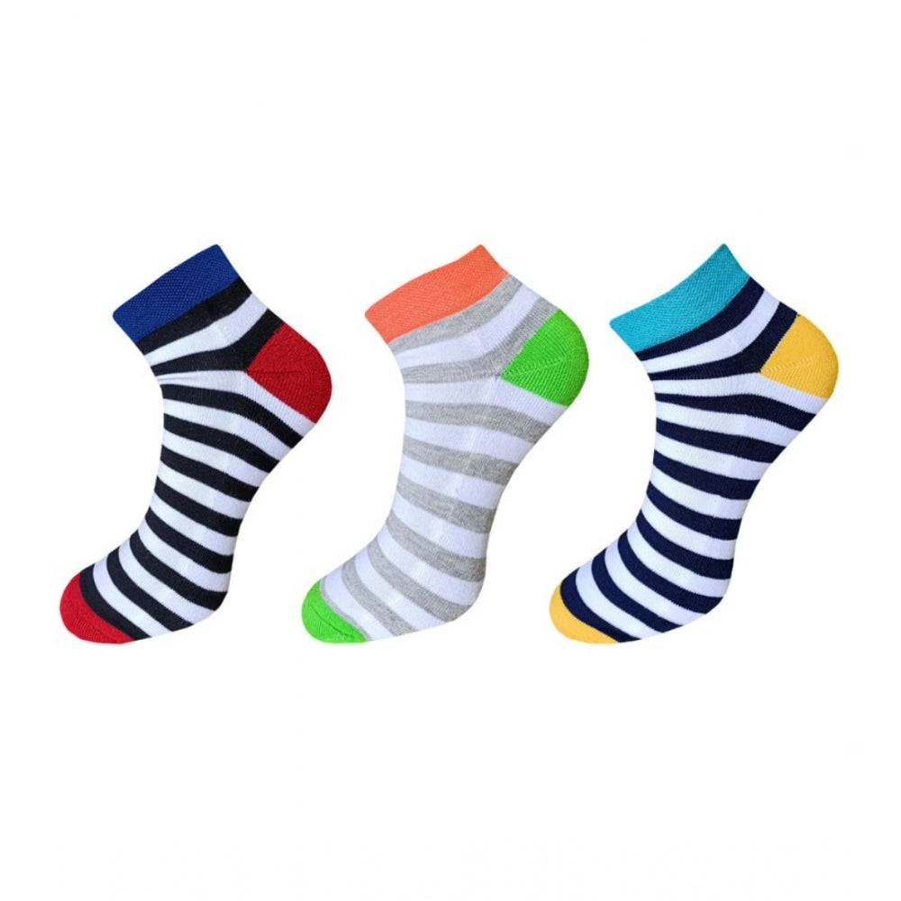 Multicolor striped cotton ankle socks (3 pairs), casual, comfy, vibrant design.