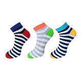 Multicolor striped cotton ankle socks (3 pairs), casual, comfy, vibrant design.