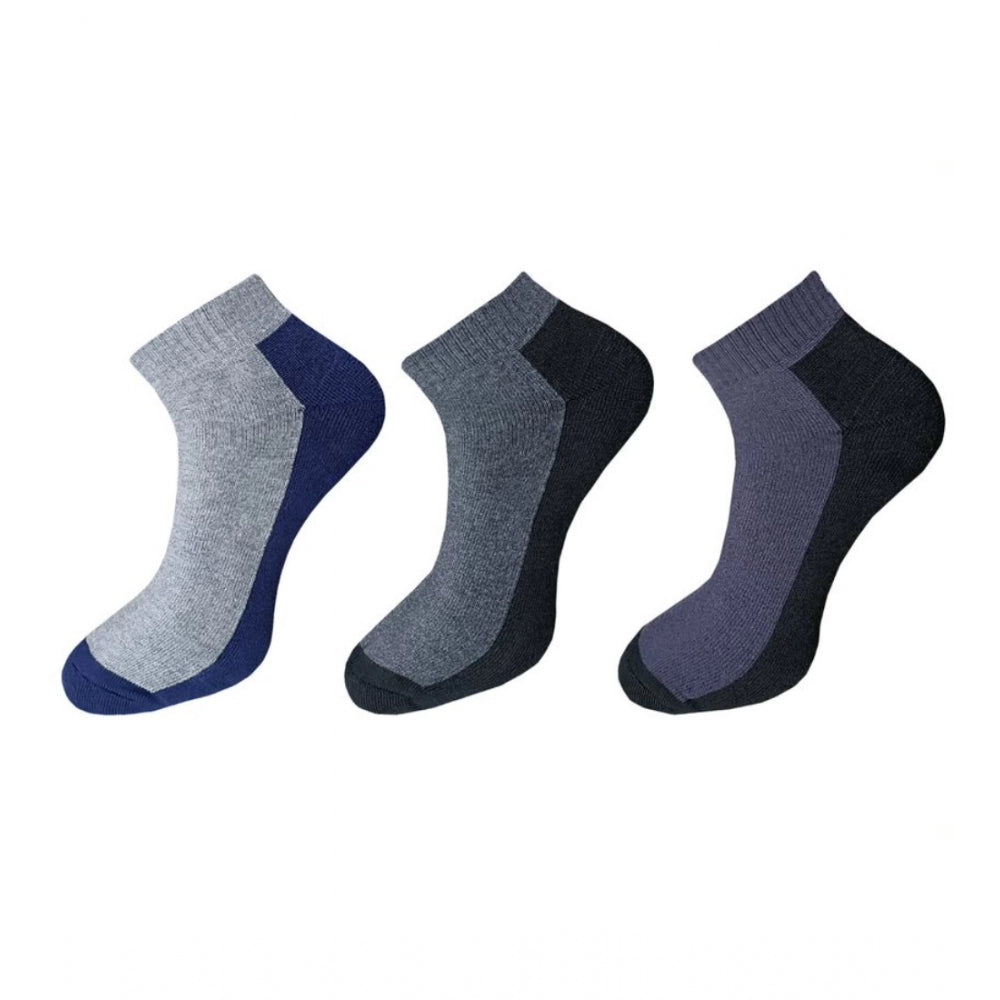 Multicolor unisex cotton casual ankle socks, solid patterned set of three