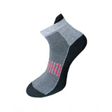 Multi-colored cotton ankle socks with a mesh top, black & red stripe detail.