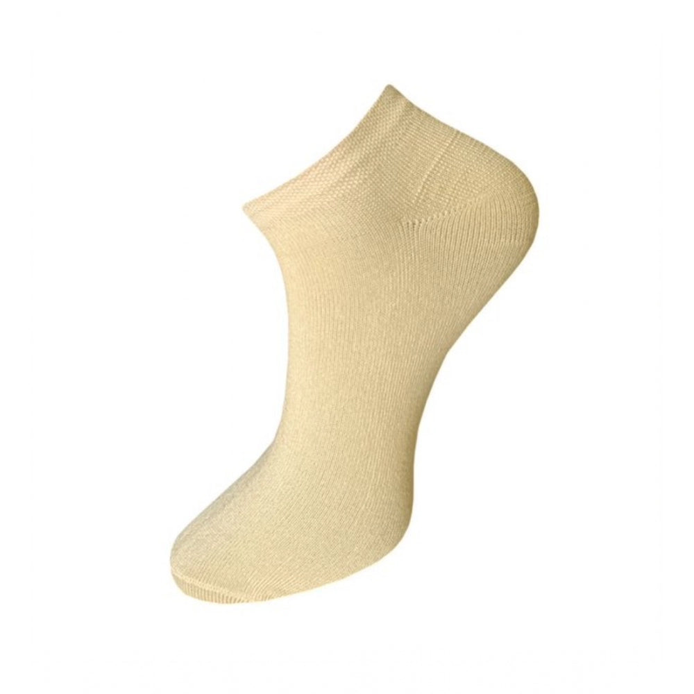 Cream solid cotton ankle socks, 3-pair set, unisex, casual comfort.