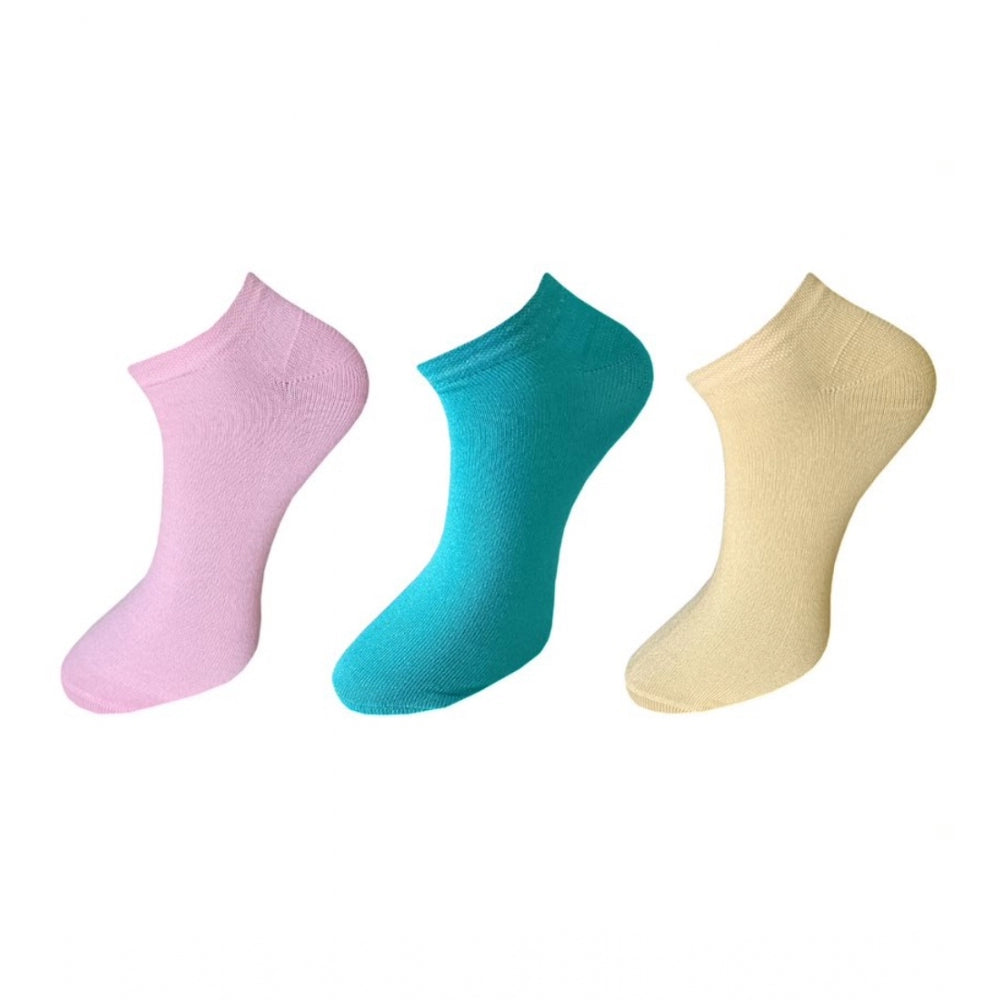 Unisex cotton ankle socks – pink, teal, and beige – 3-pair set.