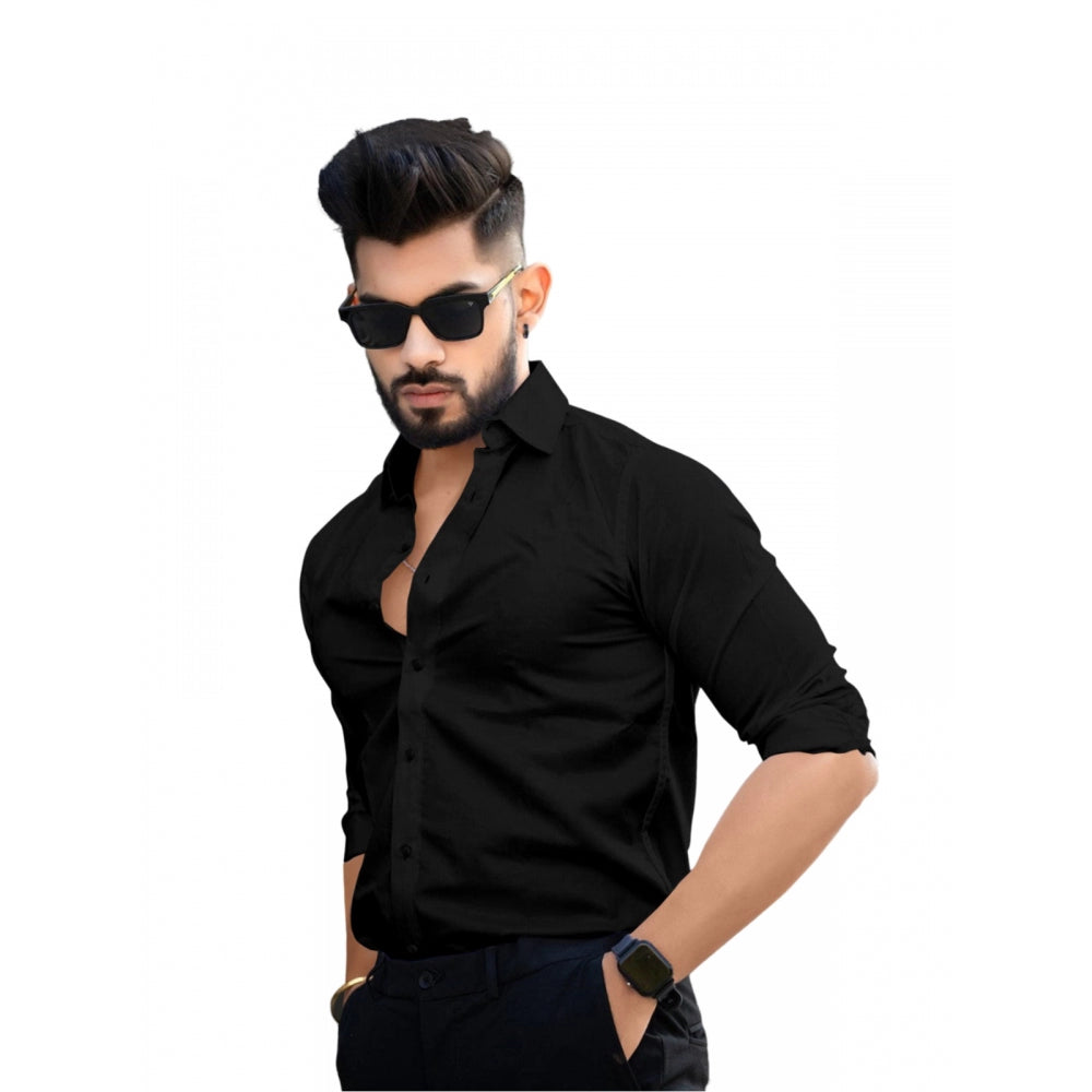 Men's Casual Full Sleeve Poly Viscose Collar Neck Shirt (Black) - GillKart
