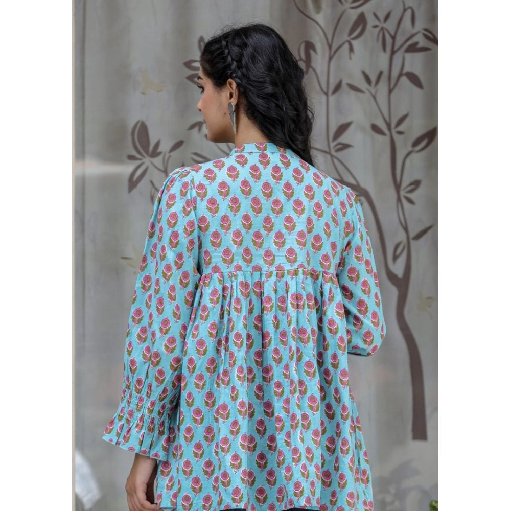 Turquoise cotton printed full sleeve mandarin collar tunic for women - short length, intricate design on display