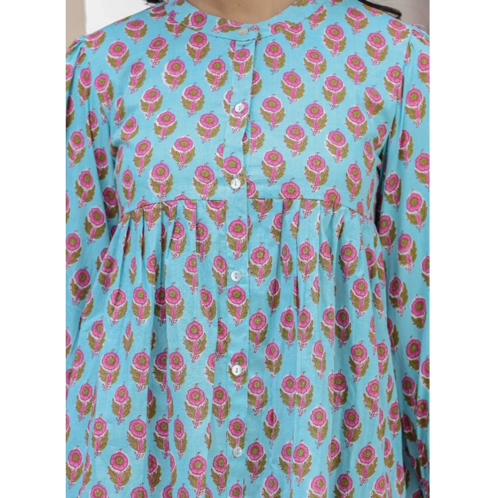 Turquoise cotton printed full sleeve mandarin collar tunic for women, fashionable summer outfit on model