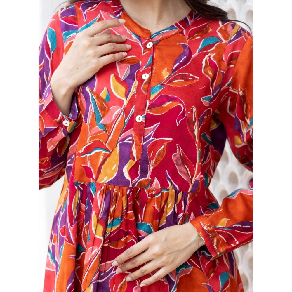 Red cotton printed mandarin-collar women's top with full sleeves, vibrant pattern