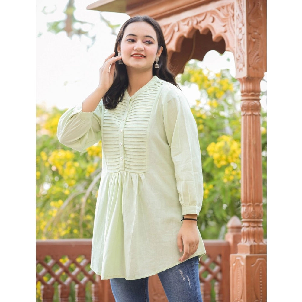 Green cotton women's solid band-collar tunic with full sleeves, ideal for casual wear