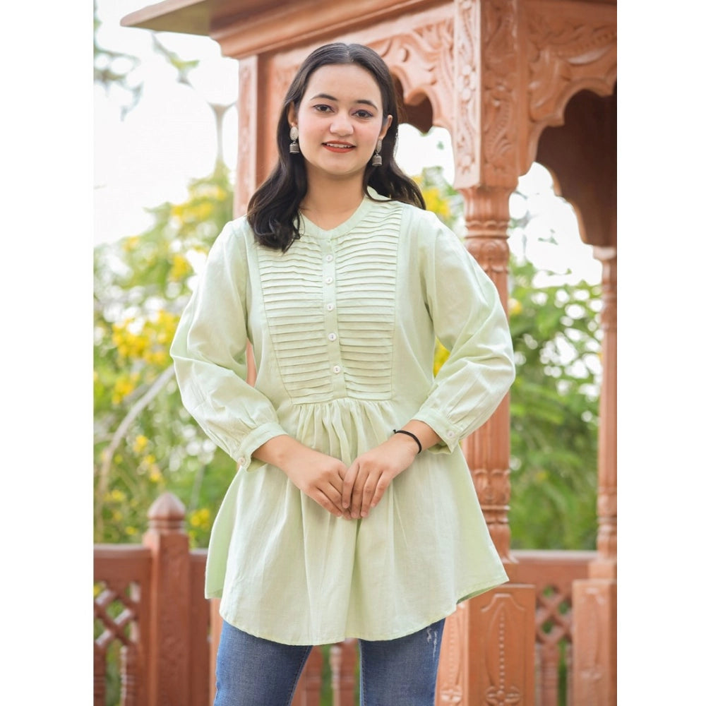 Green cotton women's solid full-sleeve band collar tunic, ideal for casual wear