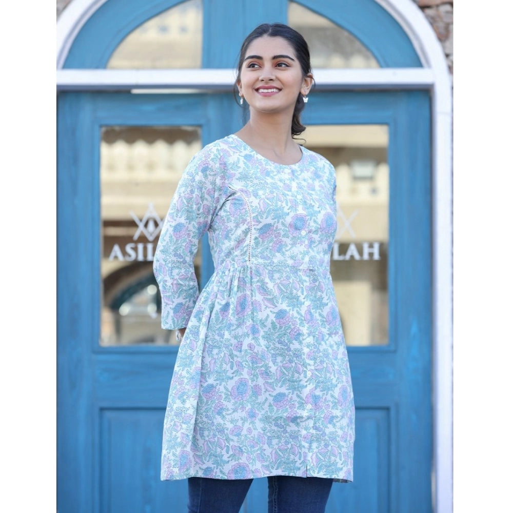 White-Purple cotton printed women's tunic with 3/4 sleeves and round neck