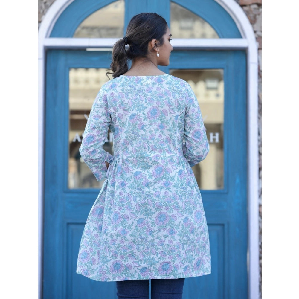 White-Purple cotton printed women's 3/4 sleeve round neck tunic on hanger