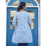 White-Purple cotton printed women's 3/4 sleeve round neck tunic on hanger