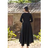 Black cotton solid 3/4 sleeve round neck kurti for women, ankle length fashion