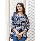 Black cotton printed 3/4 sleeve v-neck top with intricate design - fashionable women's apparel for casual wear