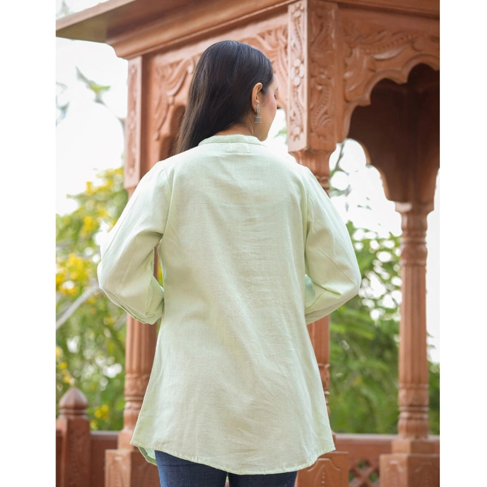 Green cotton women's full sleeve band collar tunic, solid design for casual wear