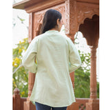 Green cotton women's full sleeve band collar tunic, solid design for casual wear