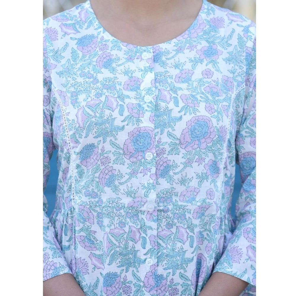 Women's white-purple printed cotton 3/4 sleeve round neck tunic, vibrant pattern on display