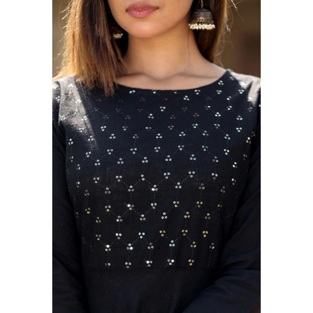 Black cotton 3/4 sleeve round neck kurti, solid design for women's fashion