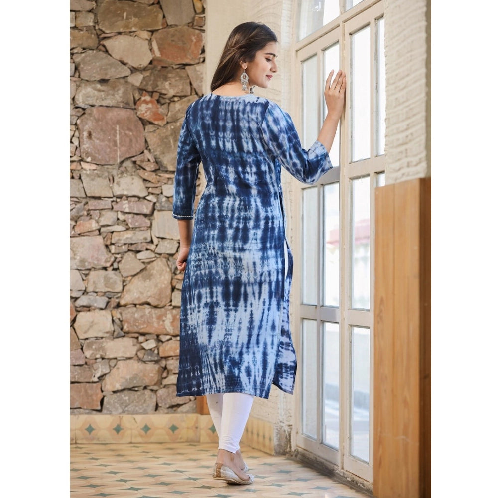 Blue cotton dyed 3/4 sleeve round neck kurti for women, vibrant and comfortable fashion piece