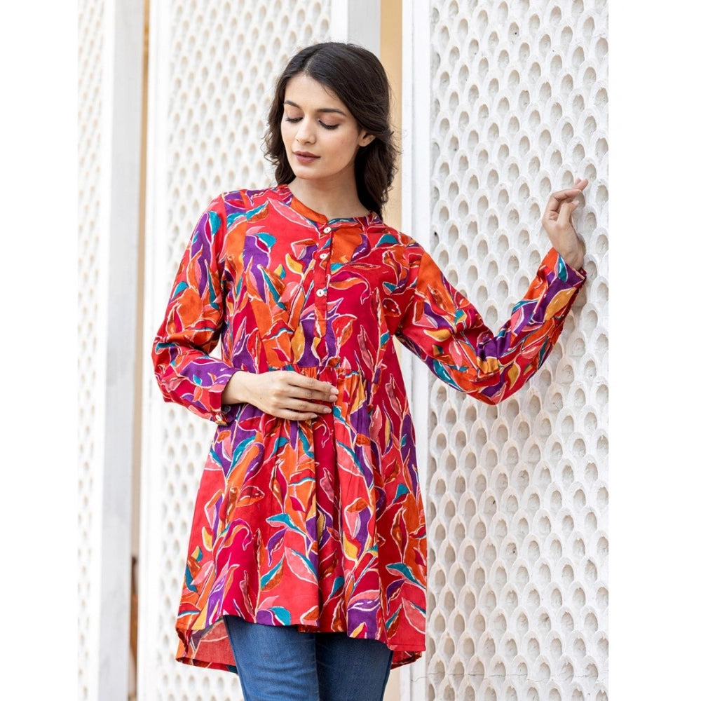 Red cotton printed mandarin collar top with full sleeves, vibrant pattern on fashionable women's attire