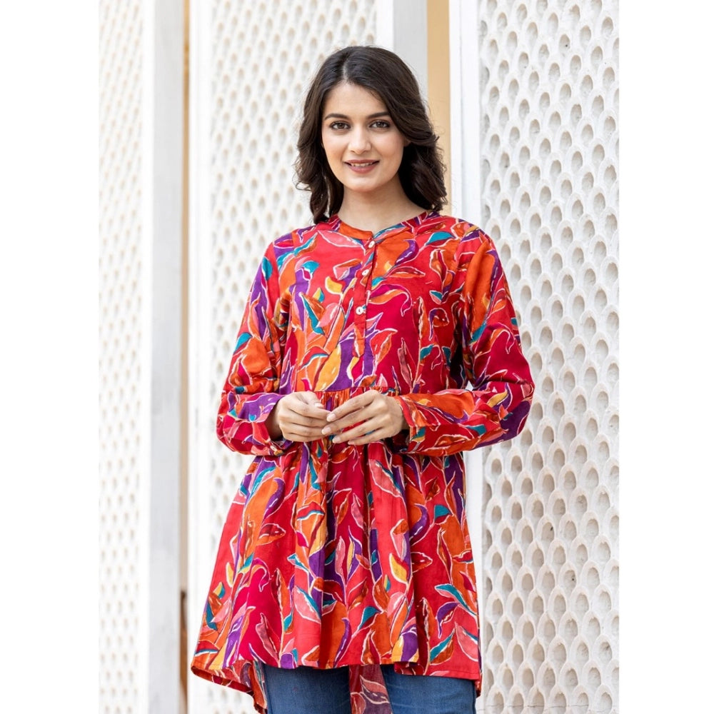 Red cotton printed mandarin collar top with full sleeves