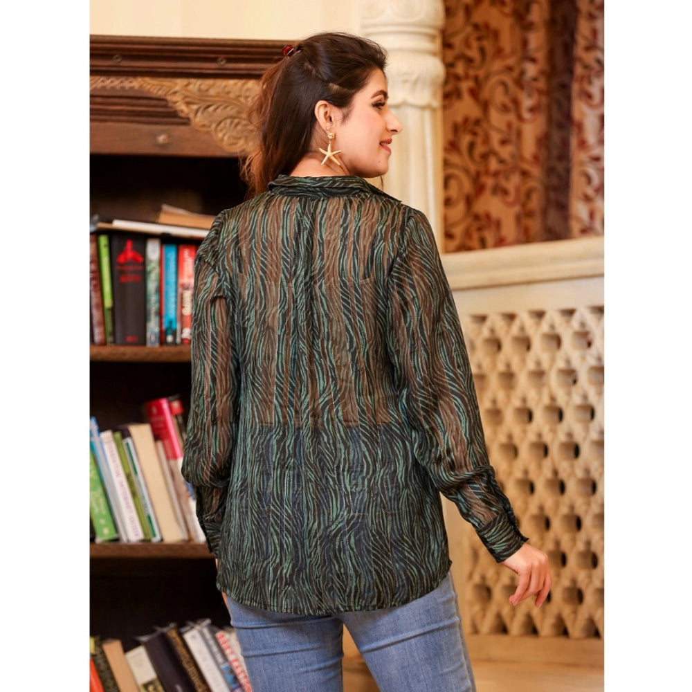 Green chiffon striped collared shirt top with full sleeves