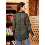 Green chiffon striped collared shirt top with full sleeves