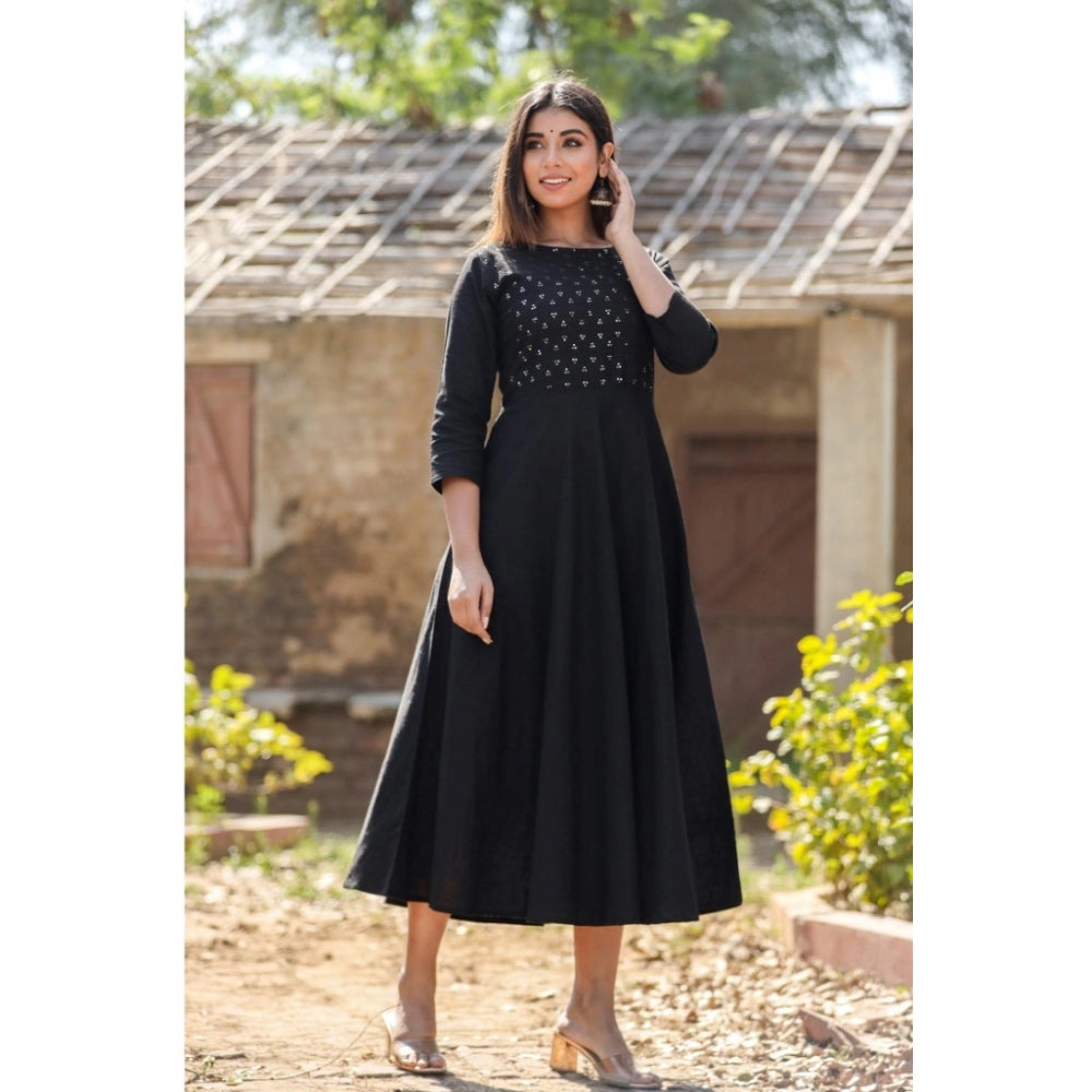 Black cotton solid 3/4 sleeve round neck kurti, ankle length for women's fashion