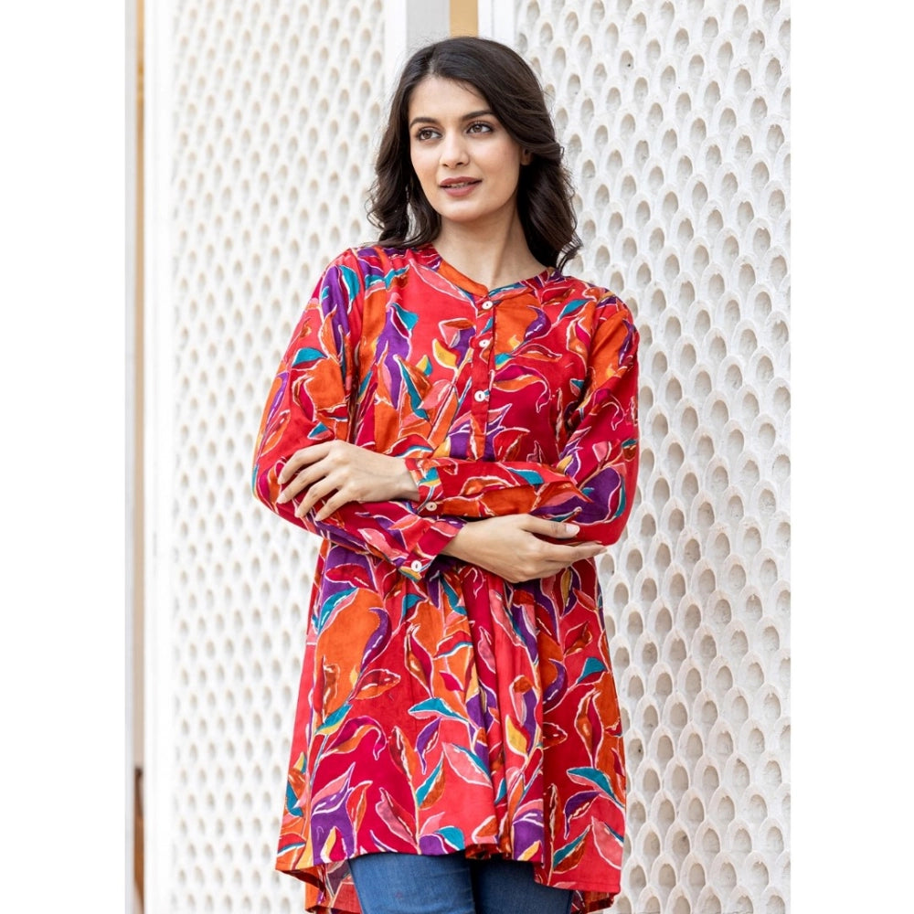 Red cotton printed mandarin collar top with full sleeves, ideal for casual wear