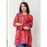 Red cotton printed mandarin collar top with full sleeves, ideal for casual wear