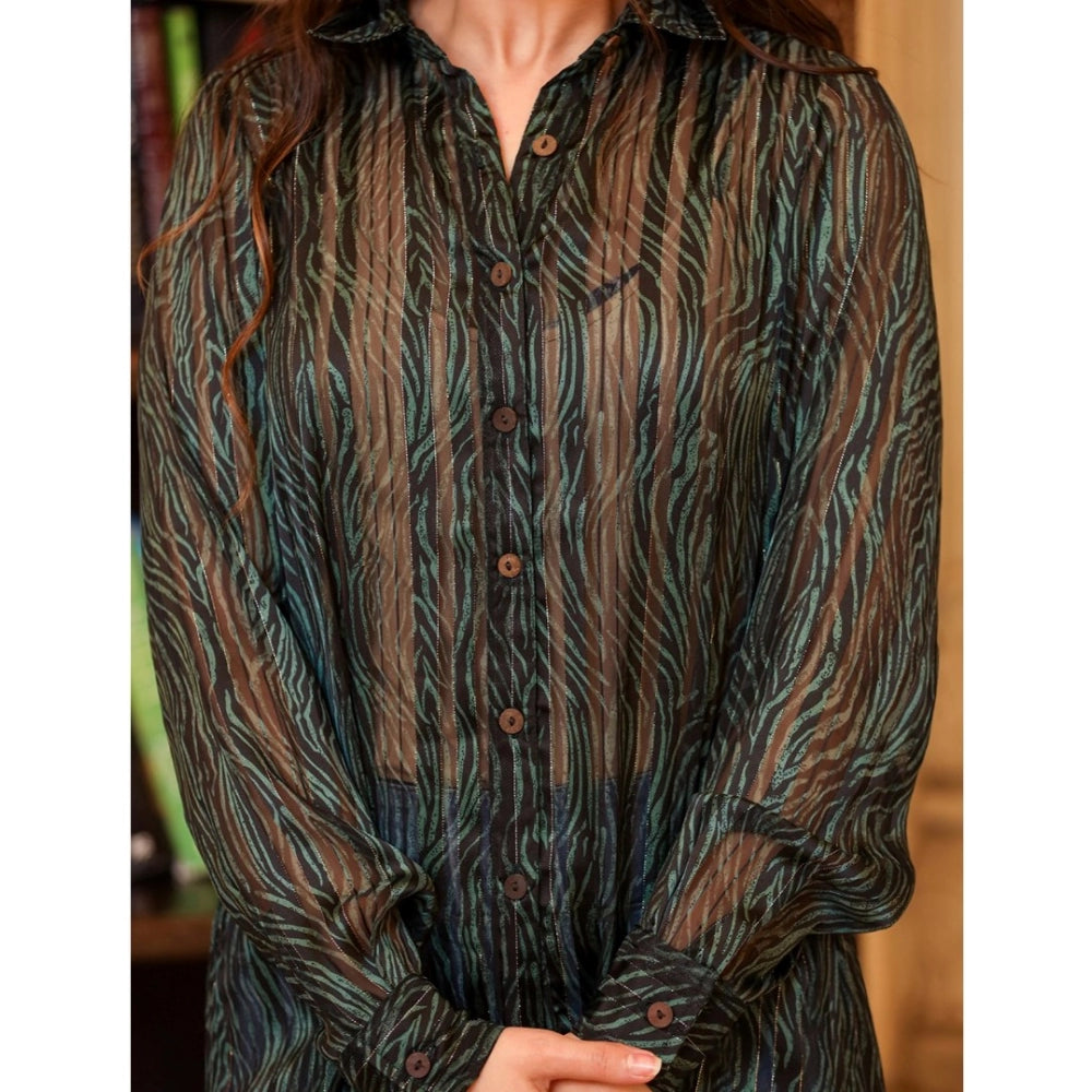 Green chiffon striped full sleeve collared shirt top for women's fashion