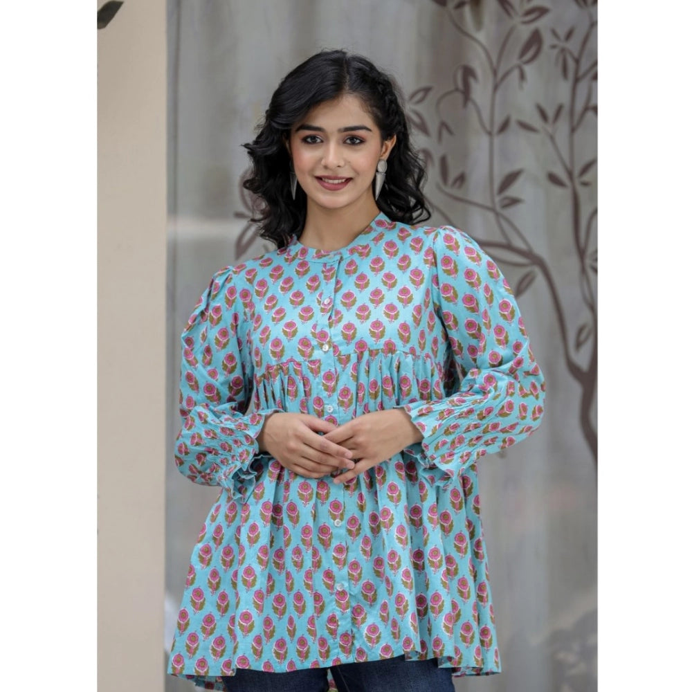 Turquoise cotton printed full sleeve mandarin collar tunic for women, short length with mandarin collar detail
