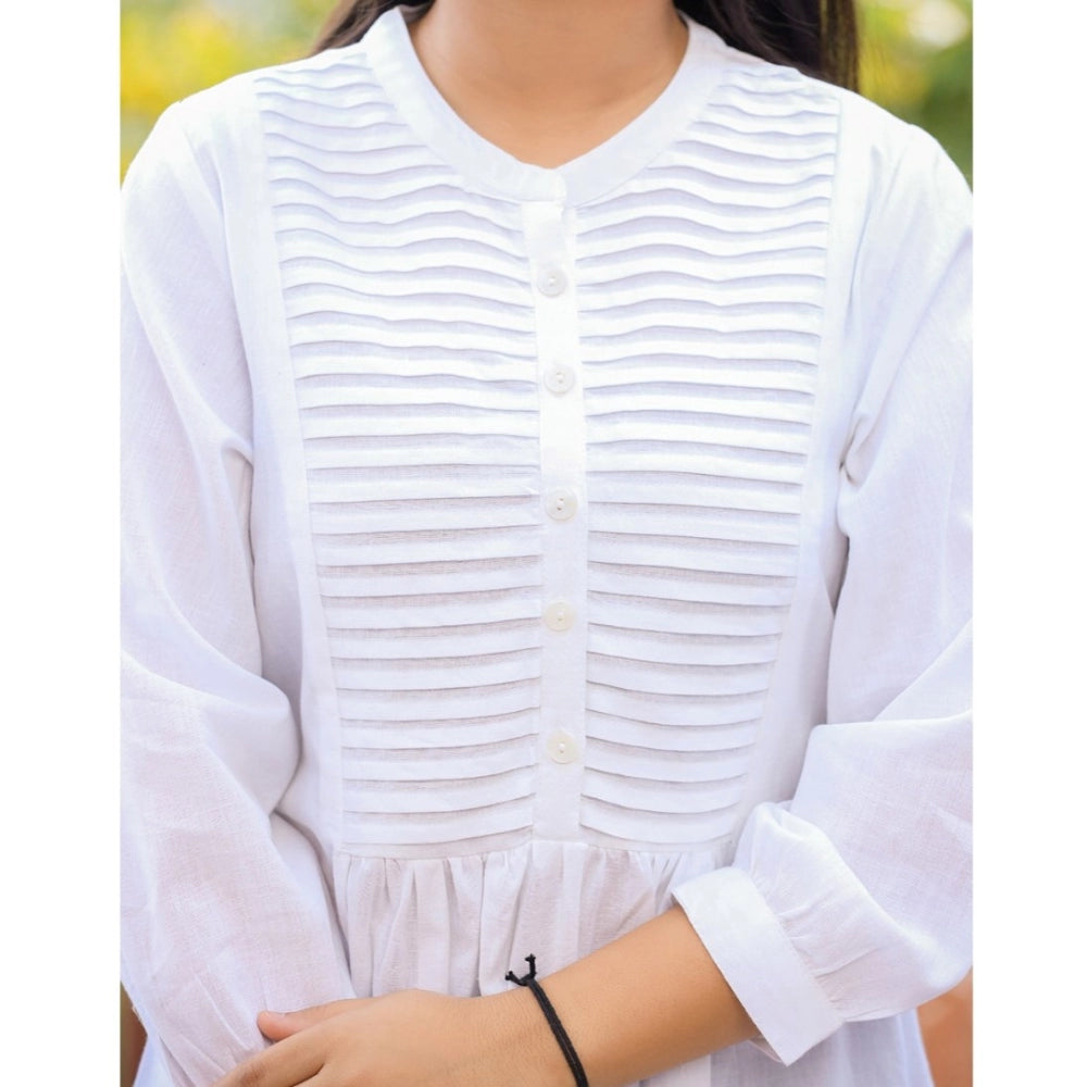 Women's white cotton solid full sleeve band collar tunic with short length, ideal for casual wear