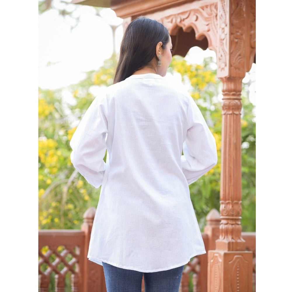 White cotton solid full sleeve band collar tunic for women, perfect casual wear with a solid pattern and short length